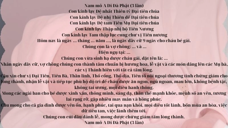 Văn khấn đầy cữ bé gái