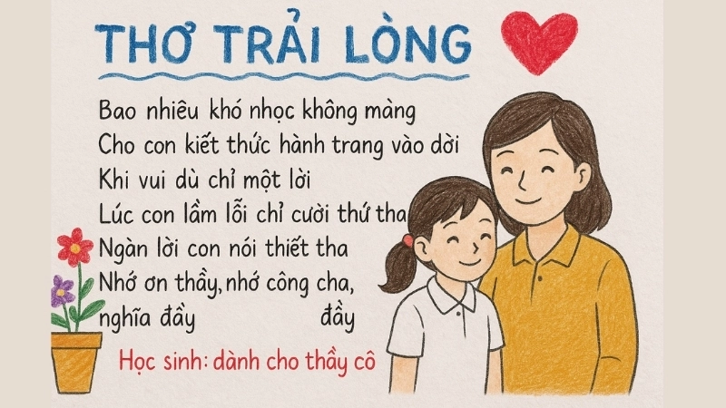 Thơ trải lòng của học sinh dành cho thầy cô nhẹ nhàng