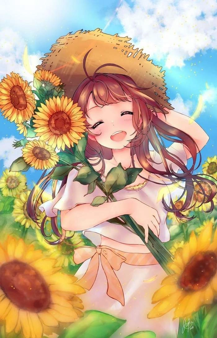 Ảnh cô gái cầm hoa che mặt anime dịu dàng và đầy tính nghệ thuật